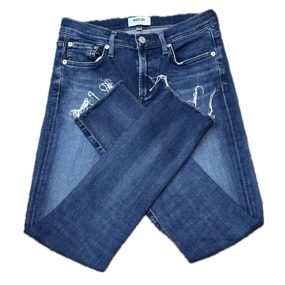 👖⚡ AGOLDE Distressed Straight Ankle Jeans | Women’s Sz 26 | Cropped Vintage Blue - Picture 2 of 5